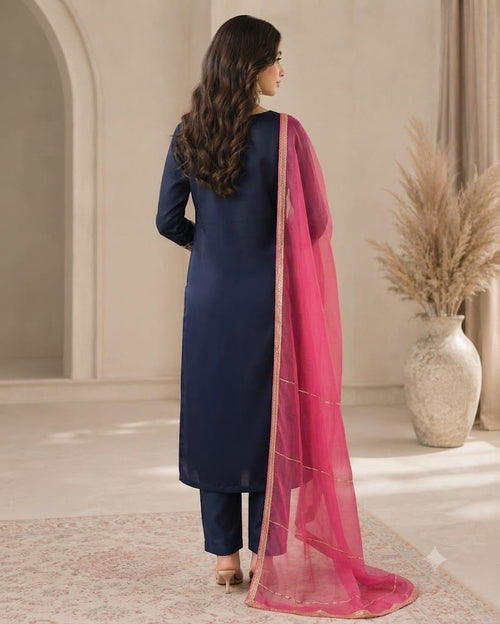 Elegant Navy Blue Embroidered Suit with Contrast Pink Dupatta