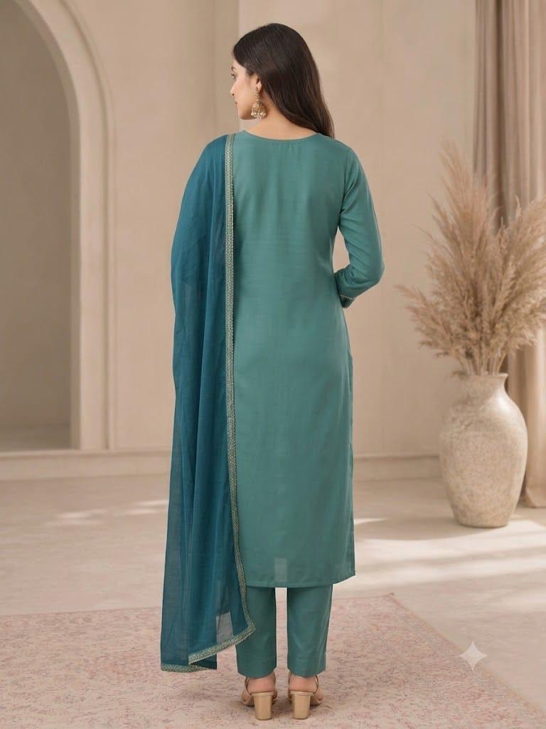 Teal Green Embroidered Suit Set