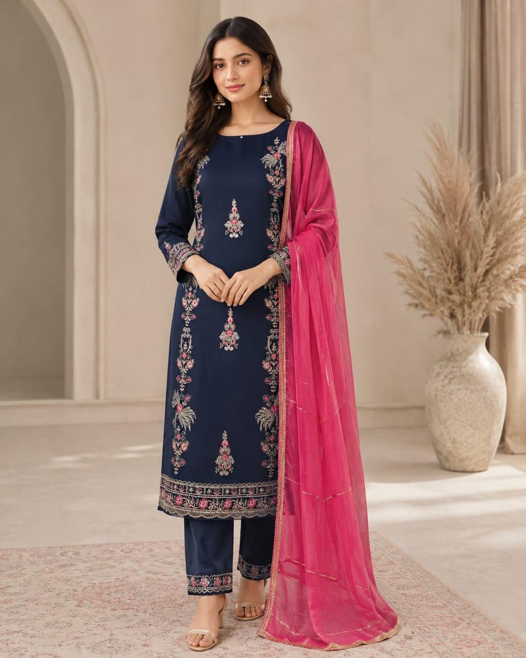 Elegant Navy Blue Embroidered Suit with Contrast Pink Dupatta