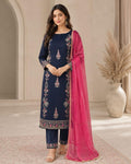 Elegant Navy Blue Embroidered Suit with Contrast Pink Dupatta