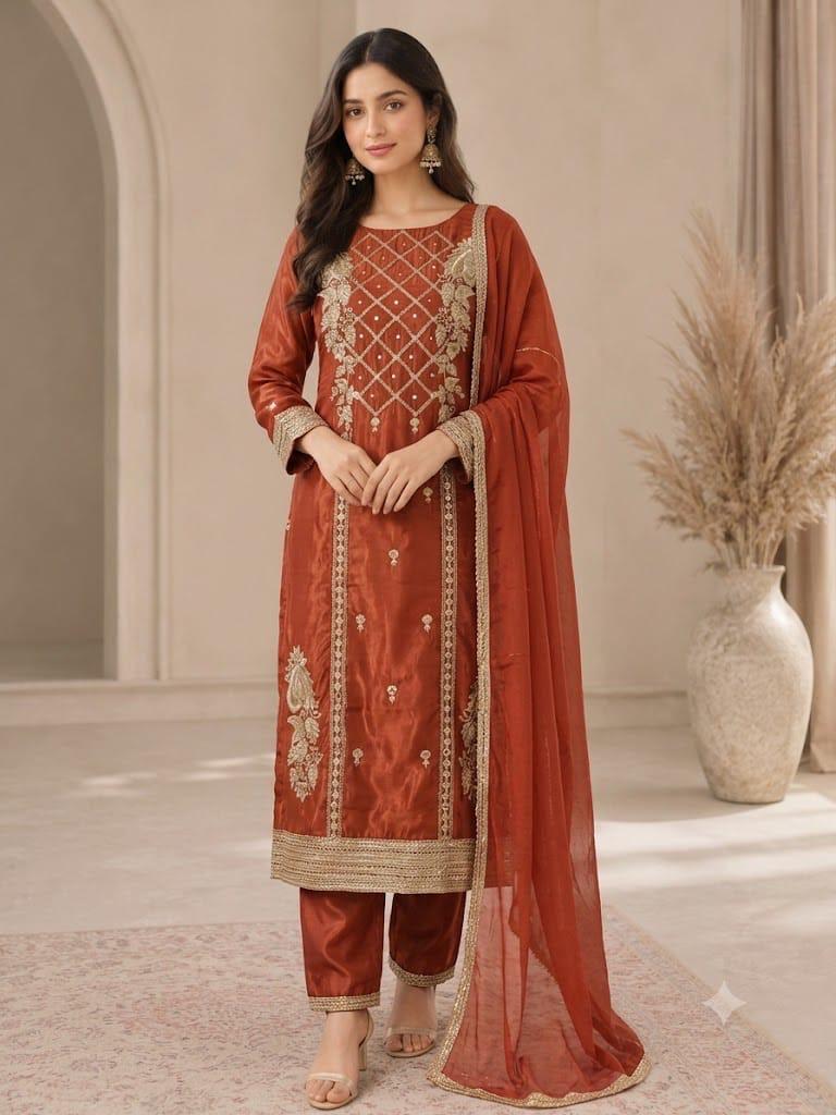 Rust Embroidered Suit Set