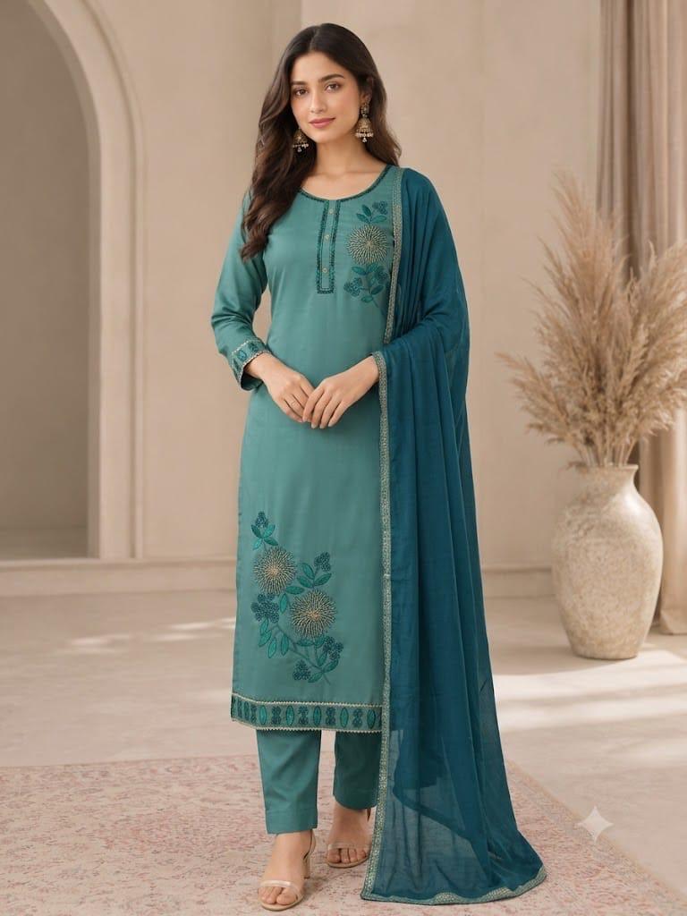 Teal Green Embroidered Suit Set